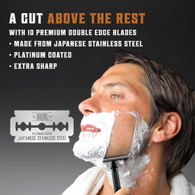 SHAVING REVOLUTION black long-handle razor with secure grip for precise passes.