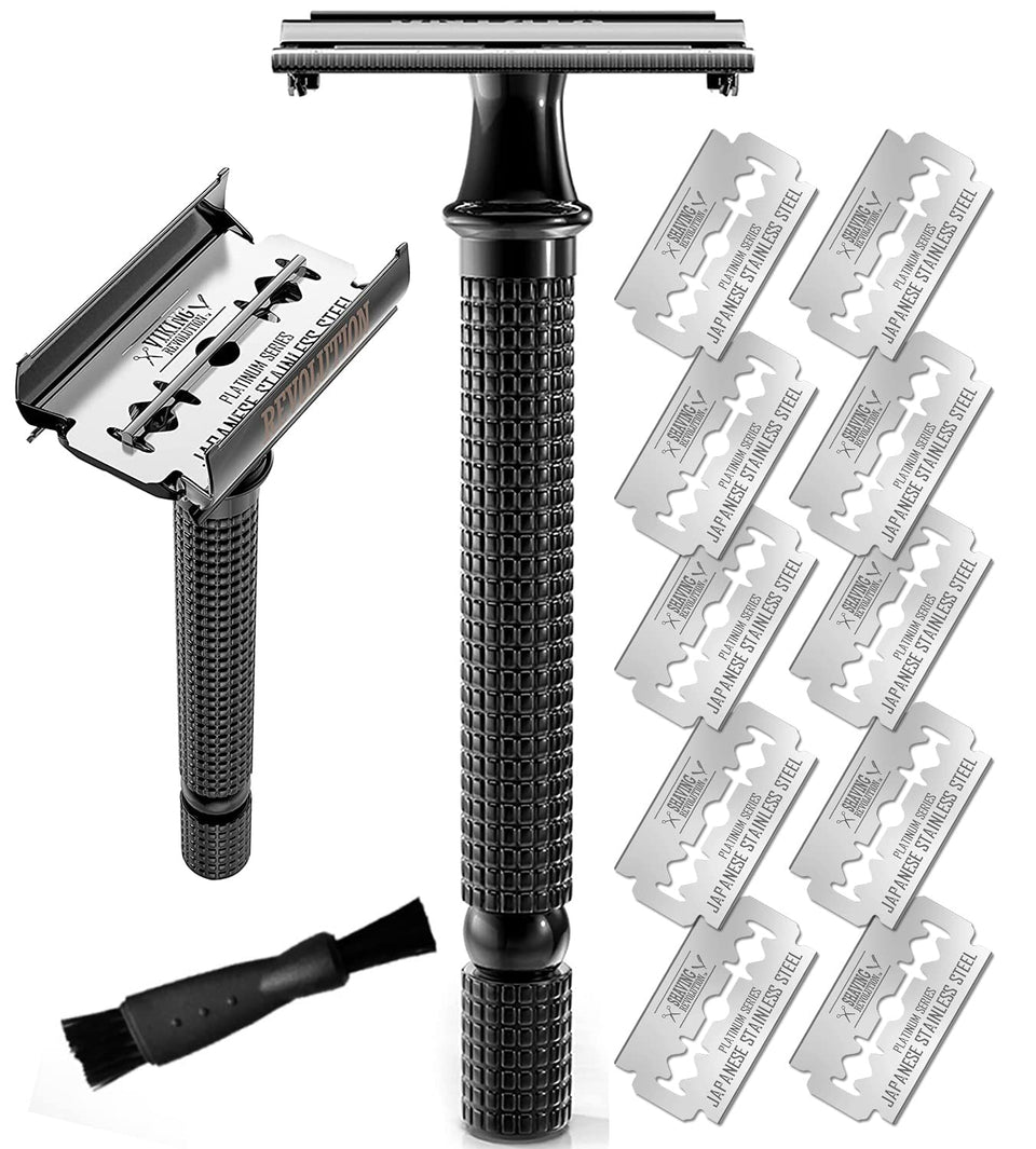 SHAVING REVOLUTION long-handle butterfly-open razor for a balanced, controlled shave.