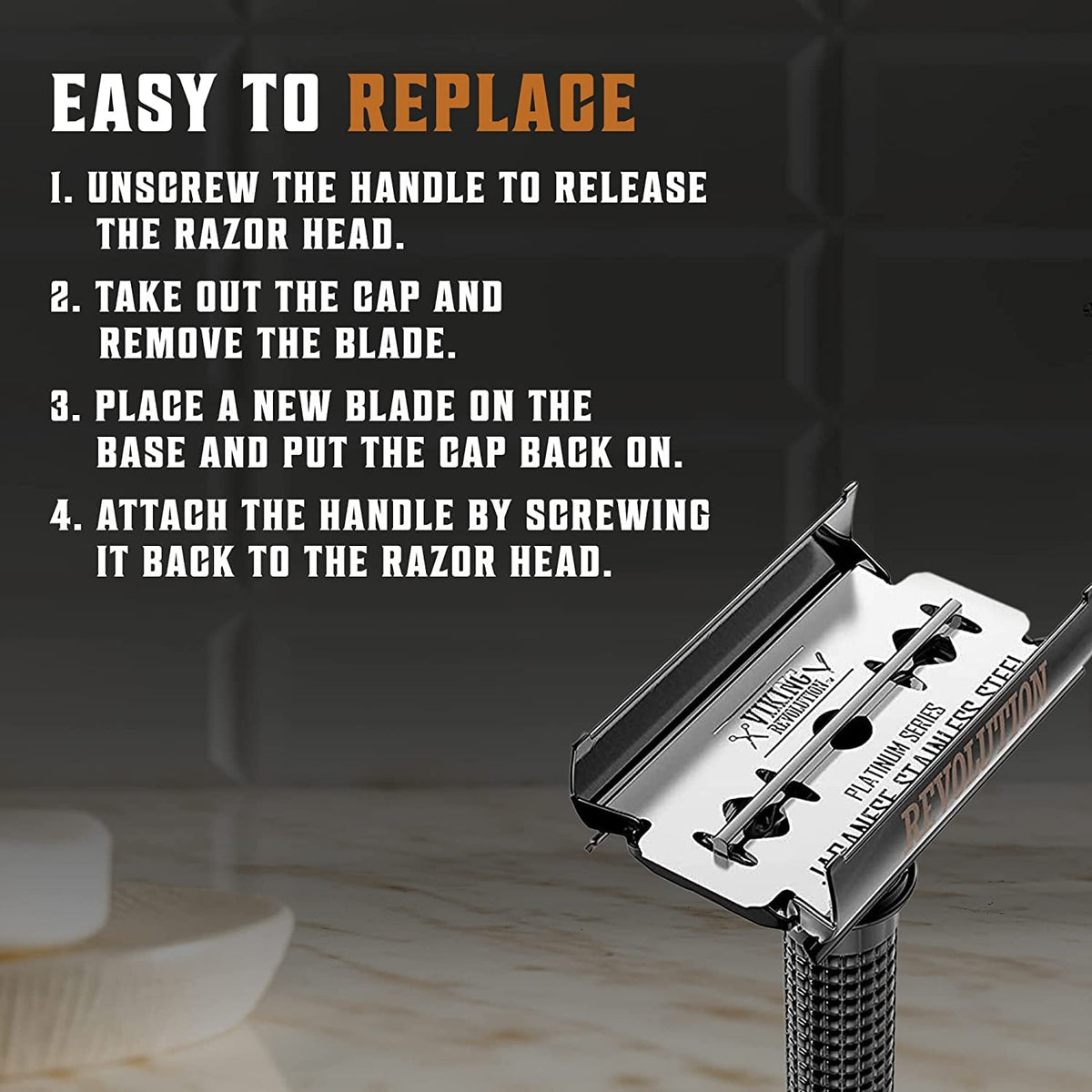 SHAVING REVOLUTION razor-head close-up highlights polished finish for a clean look.