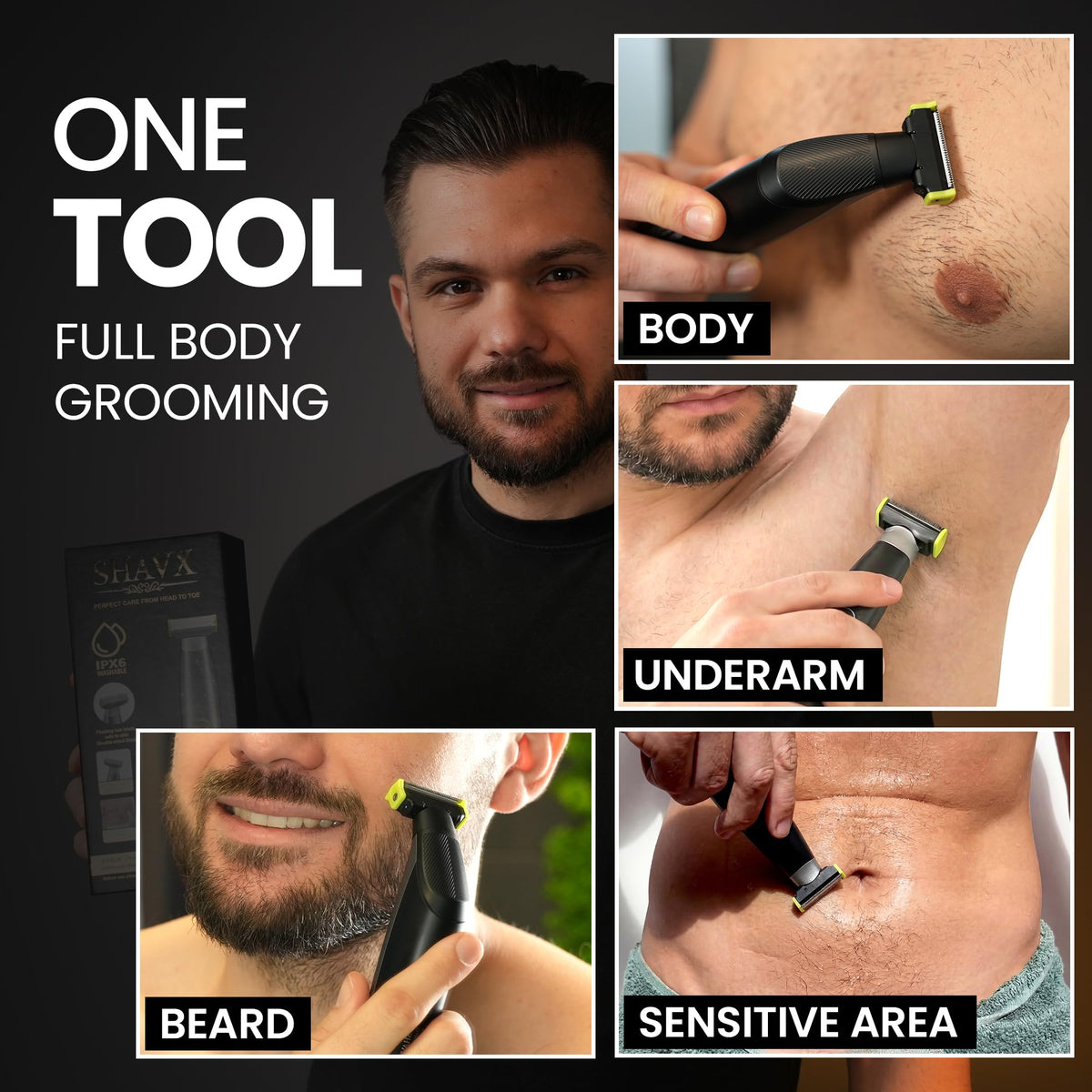 SHAVX beard shaver with multi-head for versatile facial and body trimming
