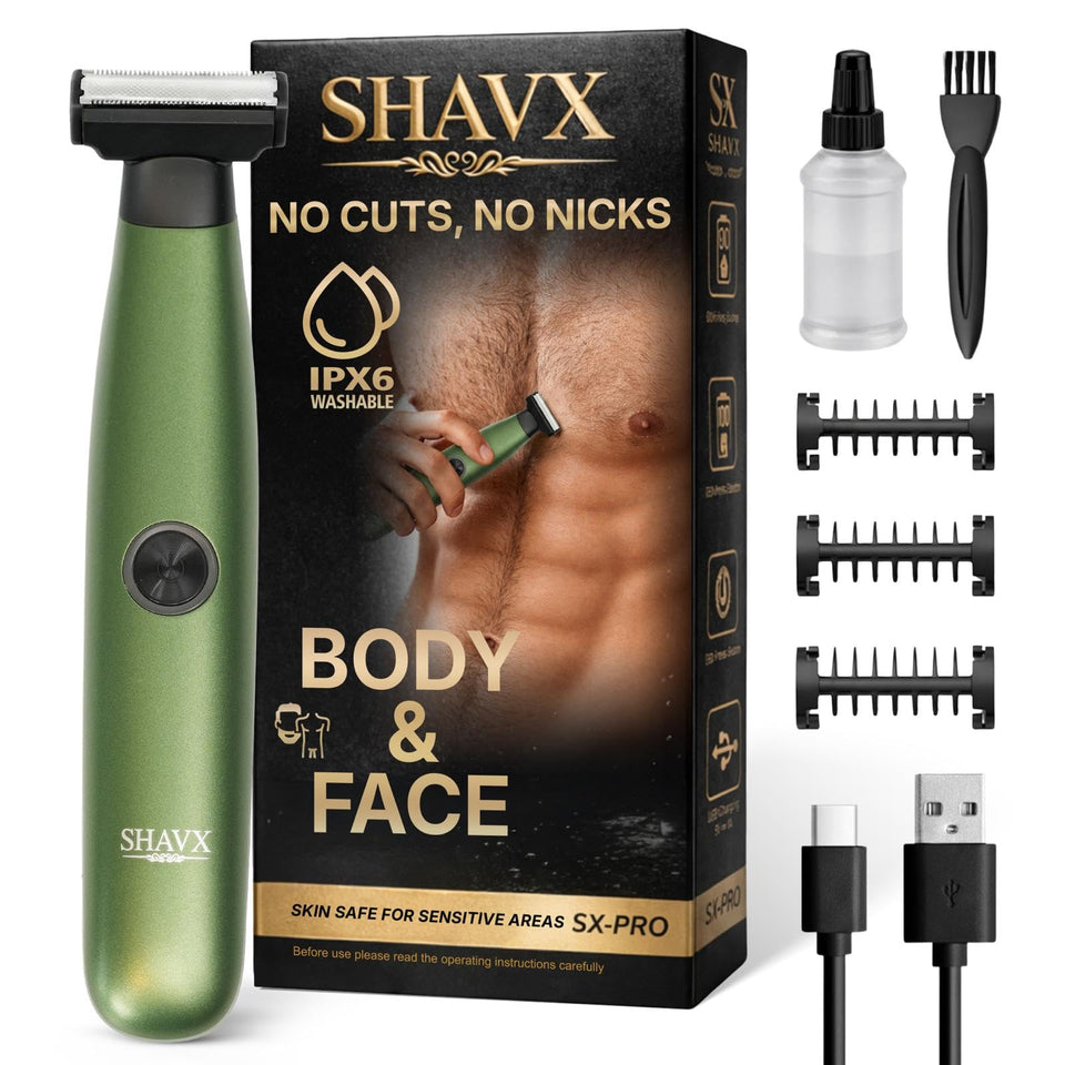 SHAVX electric trimmer front view for precise body grooming