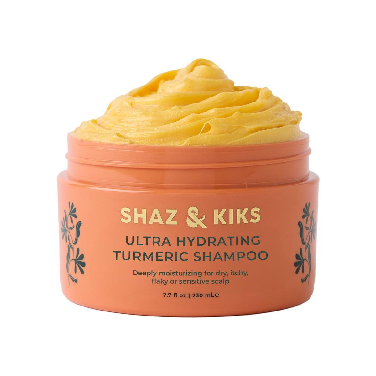 SHAZ & KIKS Ultra Hydrating Turmeric Shampoo bottle delivering deep moisture for dry scalp