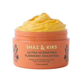 SHAZ & KIKS Ultra Hydrating Turmeric Shampoo bottle delivering deep moisture for dry scalp