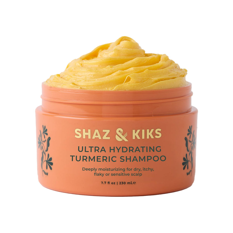 SHAZ & KIKS Ultra Hydrating Turmeric Shampoo bottle delivering deep moisture for dry scalp