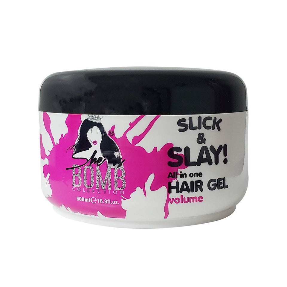 She Is Bomb Collection Slick and Slay hair gel bottle front view for sleek style and strong hold.