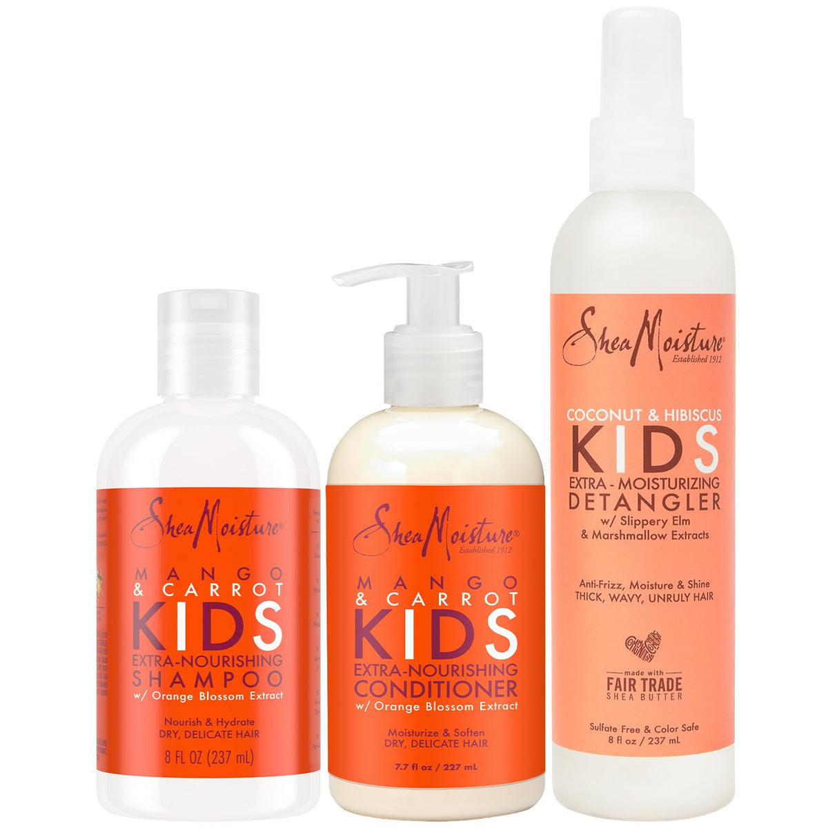SheaMoisture Kids Mango & Carrot Shampoo and Conditioner bottles for gentle cleansing of delicate hair