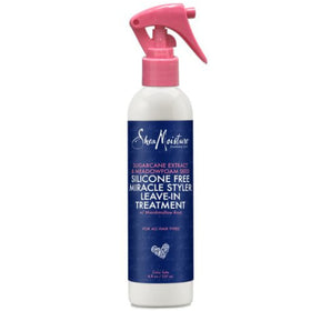 Shea Moisture Miracle Styler bottle shows silicone-free leave-in treatment for frizz control.