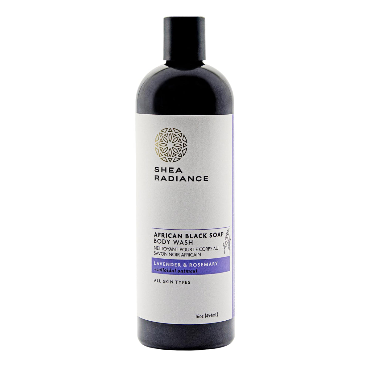 Shea Radiance African Black Soap Body Wash bottle with lavender and rosemary for soothing cleanse.