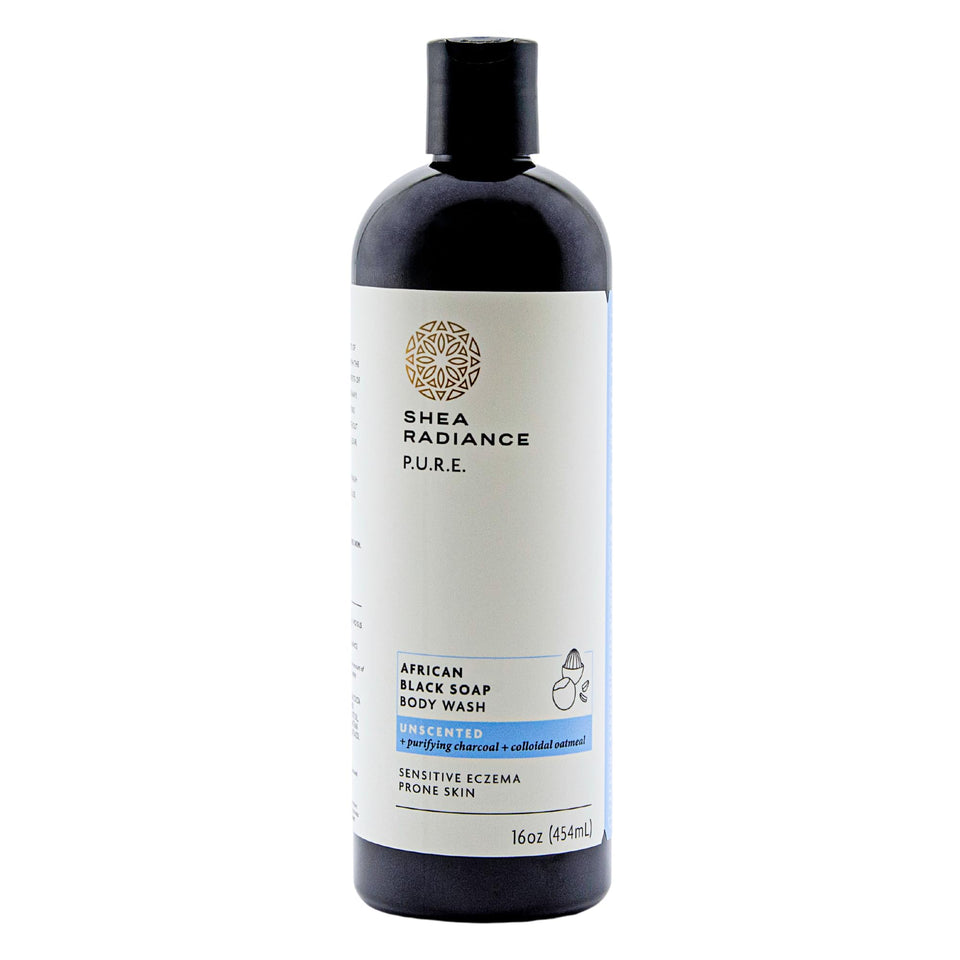 Shea Radiance African Black Soap Body Wash pour shows a creamy, hydrating cleanse