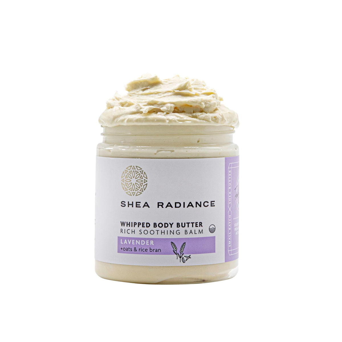 Shea Radiance P.U.R.E. whipped butter with oats in lavender bliss jar for deep moisture