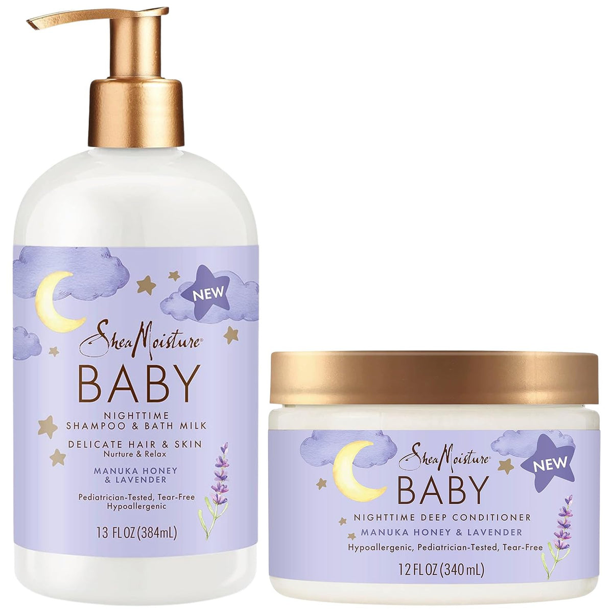 SheaMoisture baby essentials nighttime shampoo-bath milk bottle; tear-free cleansing for babies.
