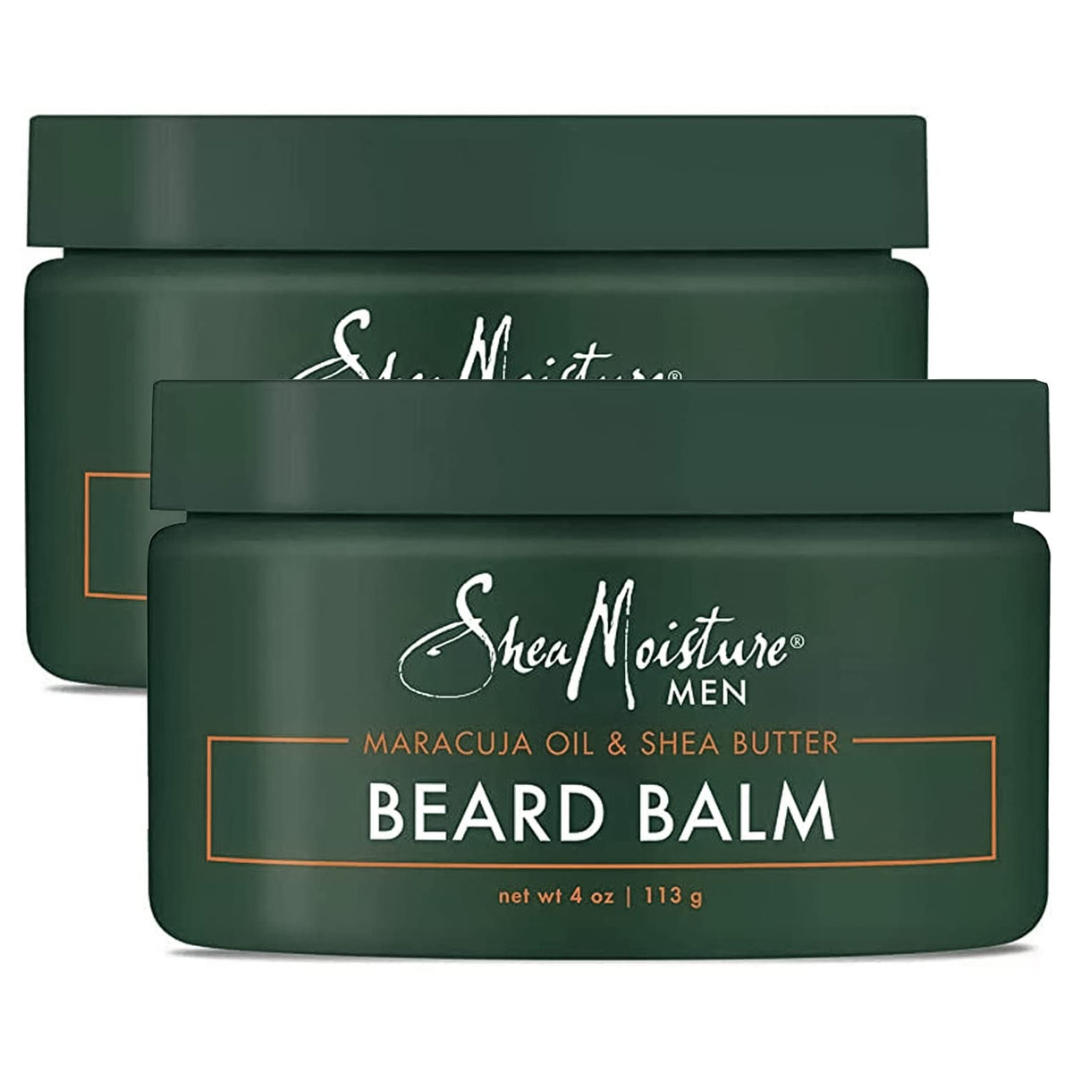 Sheamoisture Beard Balm 2-Pack front view shows two tins ready for use, softening beard.