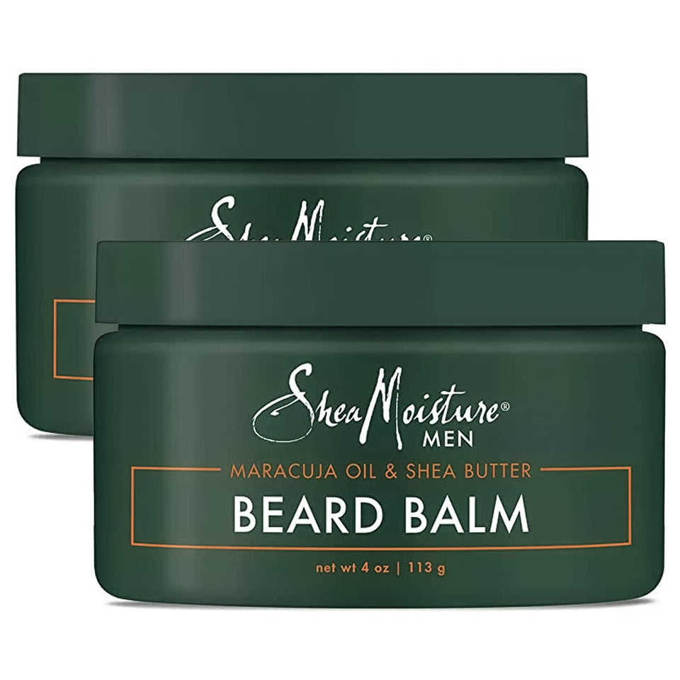 Sheamoisture Beard Balm 2-Pack front view shows two tins ready for use, softening beard.