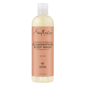 Sheamoisture Coconut Hibiscus Body Wash bottle closeup highlighting hydrating formula.