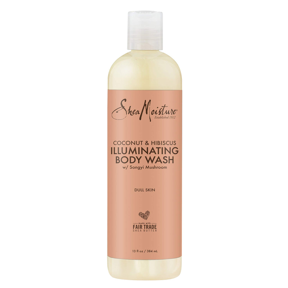 Sheamoisture Coconut Hibiscus Body Wash bottle closeup highlighting hydrating formula.