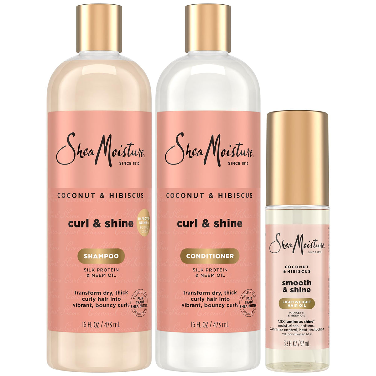 SheaMoisture Coconut Hibiscus Shampoo bottle for defined curls and shine.