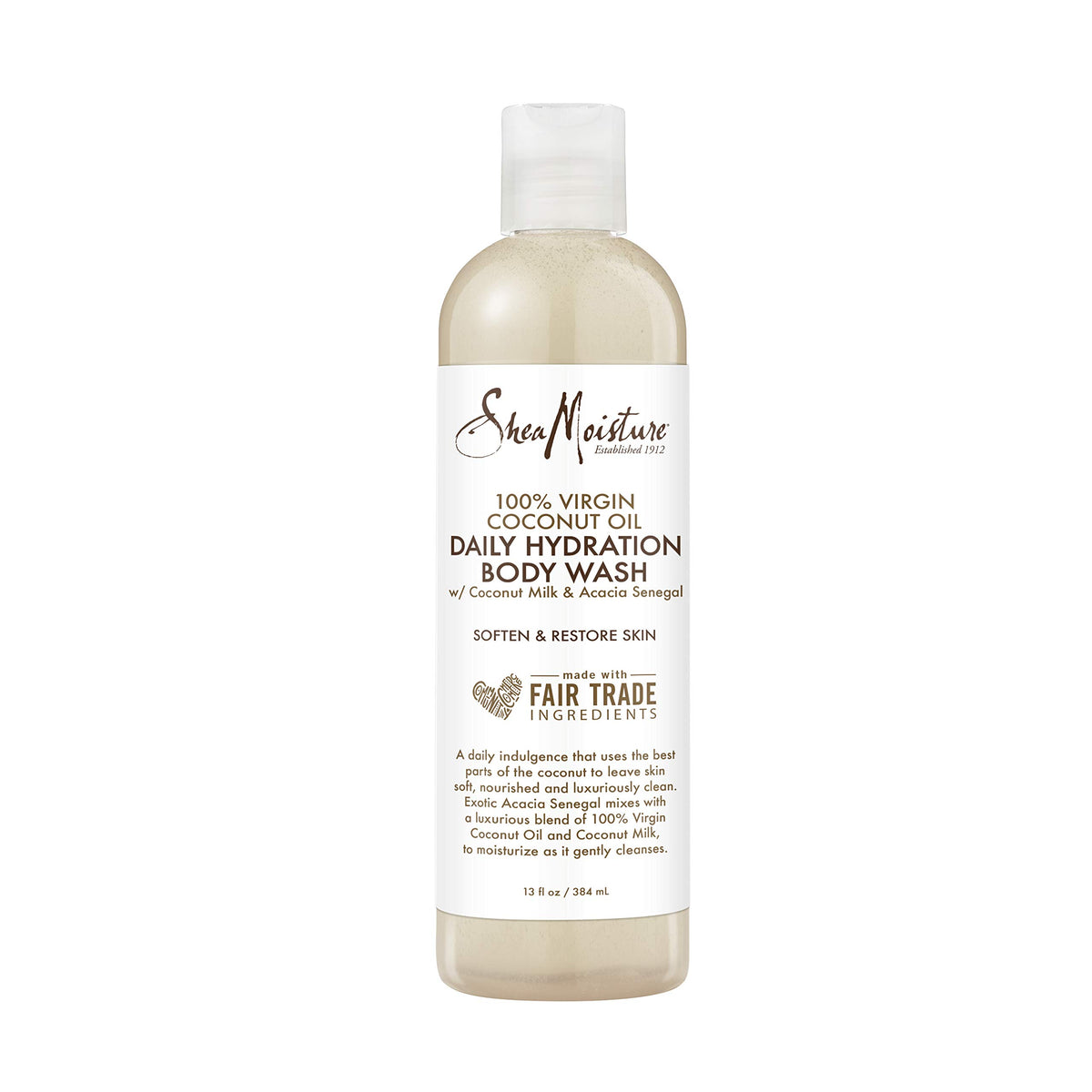 SheaMoisture coconut oil bottle pour for gentle cleansing and hydration.