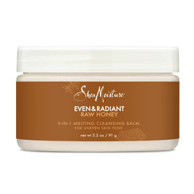 Sheamoisture Even and Radiant cleansing balm jar close-up melting makeup and impurities.