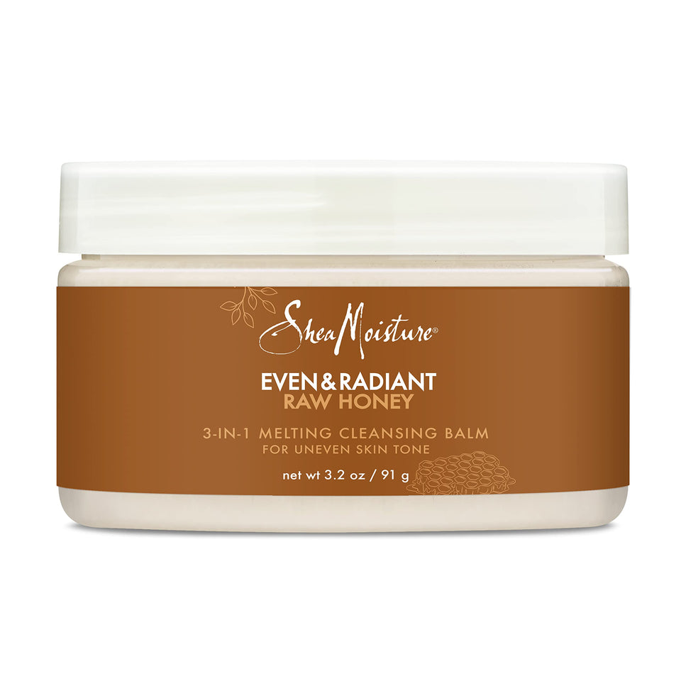 Sheamoisture Even and Radiant cleansing balm jar close-up melting makeup and impurities.