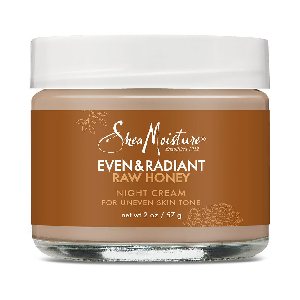 SheaMoisture Even and Radiant Night Cream bottle close-up for overnight hydration
