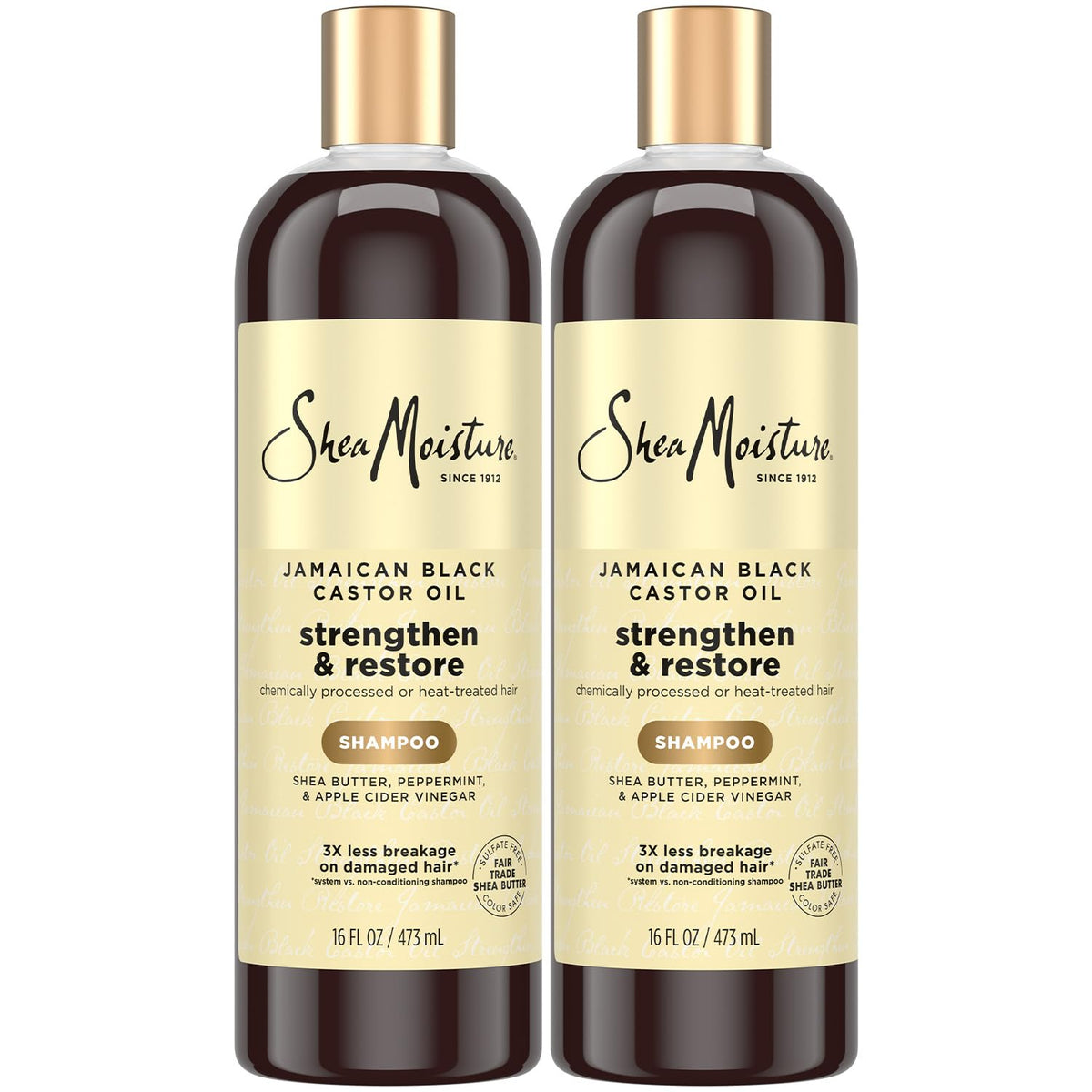SheaMoisture Jamaican Black Castor Oil shampoo bottle, two-pack, ideal for strengthening damaged hair.