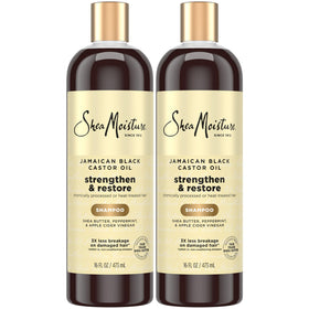 SheaMoisture Jamaican Black Castor Oil shampoo bottle, two-pack, ideal for strengthening damaged hair.