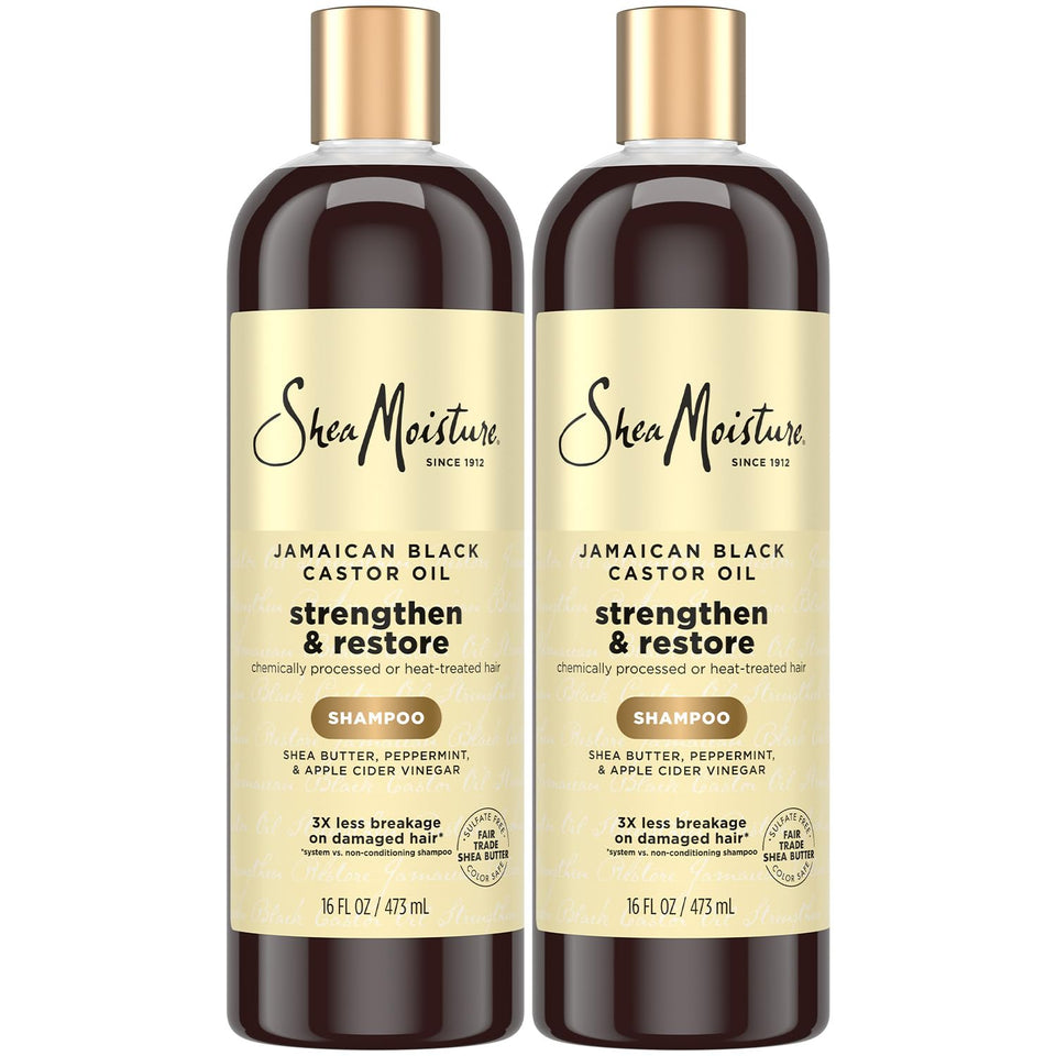 SheaMoisture Jamaican Black Castor Oil shampoo bottle, two-pack, ideal for strengthening damaged hair.