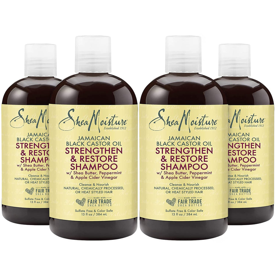 SheaMoisture Jamaican Black Castor Oil shampoo bottle—moisture and elasticity focus.