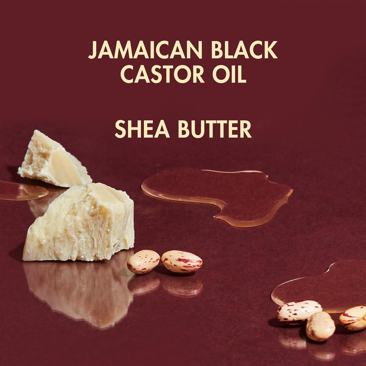 Close-up of label featuring Fair-Trade Shea Butter and Jamaican Black Castor Oil.