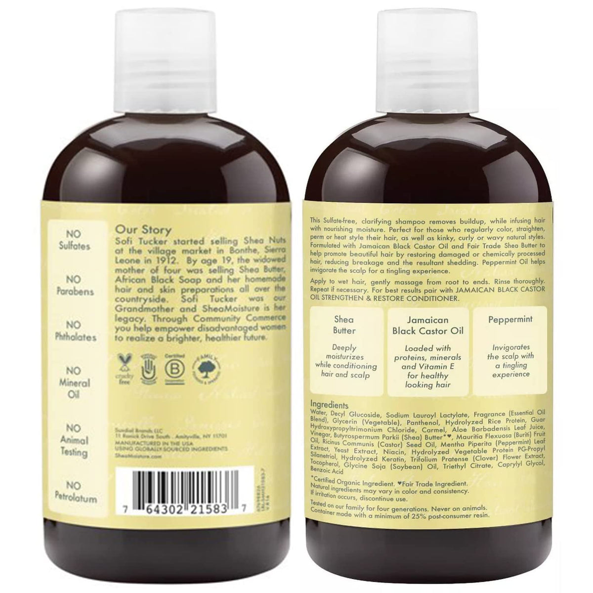 SheaMoisture shampoo label shows sulfate-free formula.