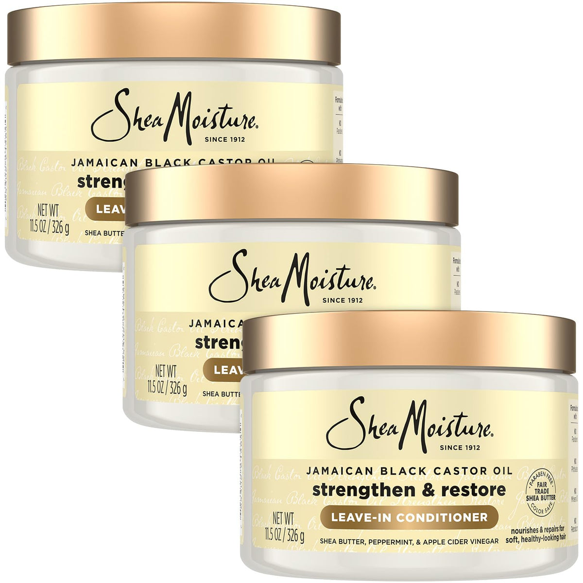 SheaMoisture Leave-In Conditioner 3-pack bottles for detangling and frizz control.