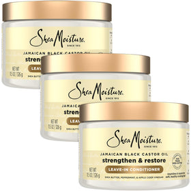 SheaMoisture Leave-In Conditioner 3-pack bottles for detangling and frizz control.