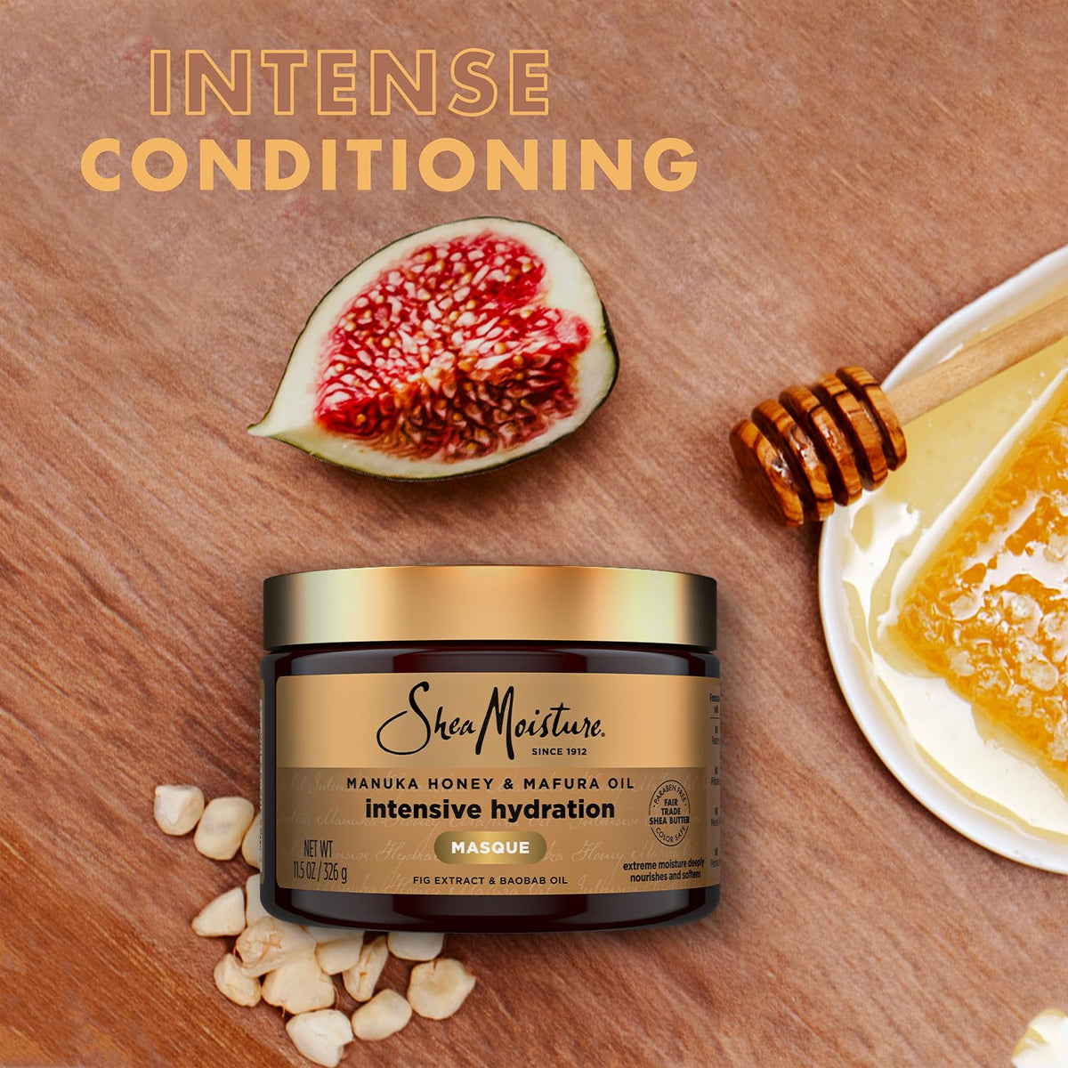Sheamoisture Manuka Honey Mafura Hair Masque on bathroom shelf