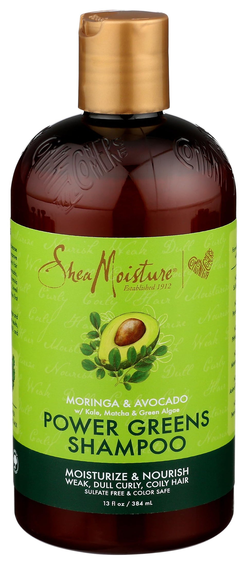 Sheamoisture Moringa Avocado Power Greens Shampoo bottle with nourishing formula for daily cleansing.
