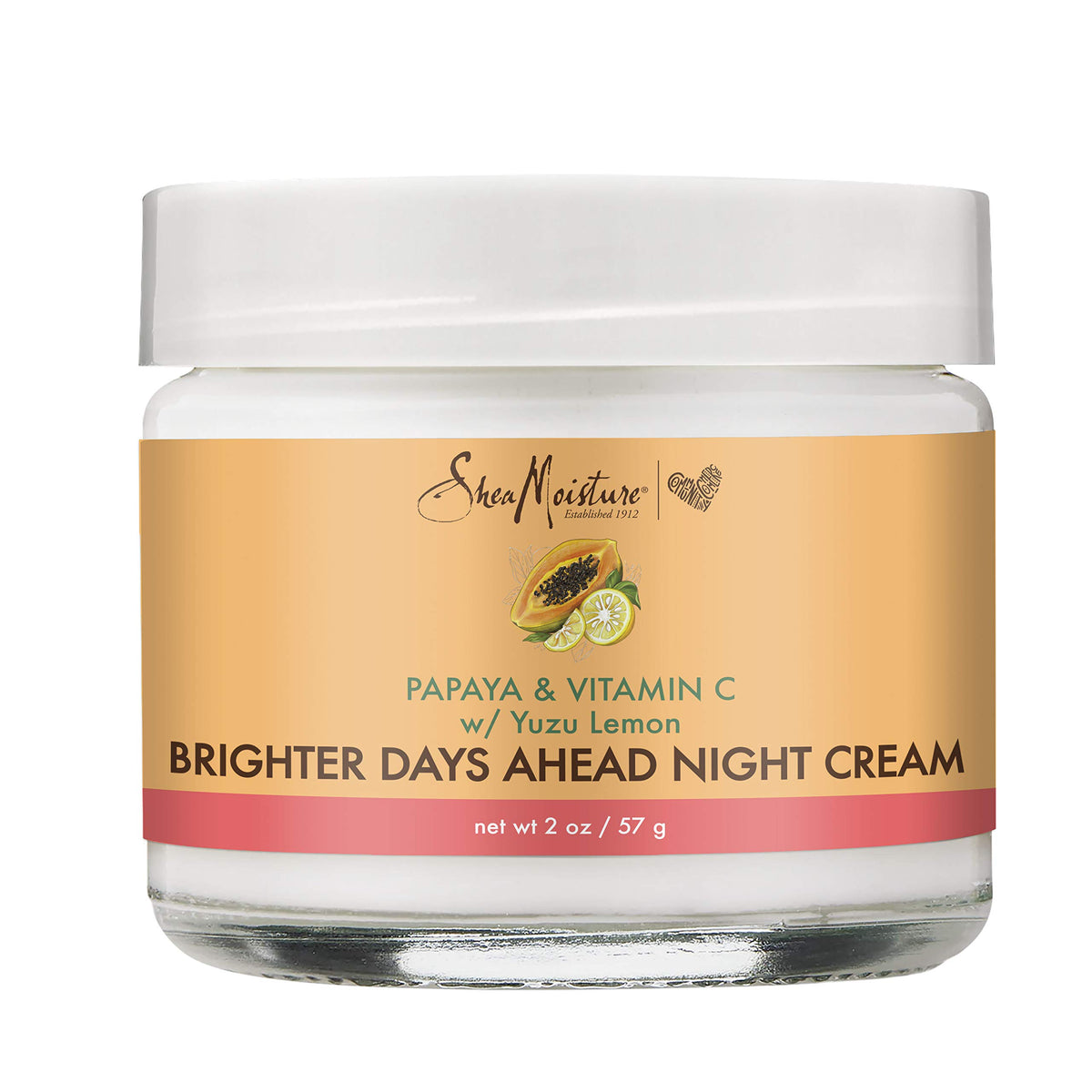 Sheamoisture night cream jar glows on dull skin, hinting at overnight hydration.