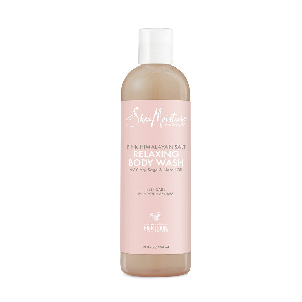 The SheaMoisture Pink Himalayan Salt Body Wash bottle shows gentle cleansing for all skin types.