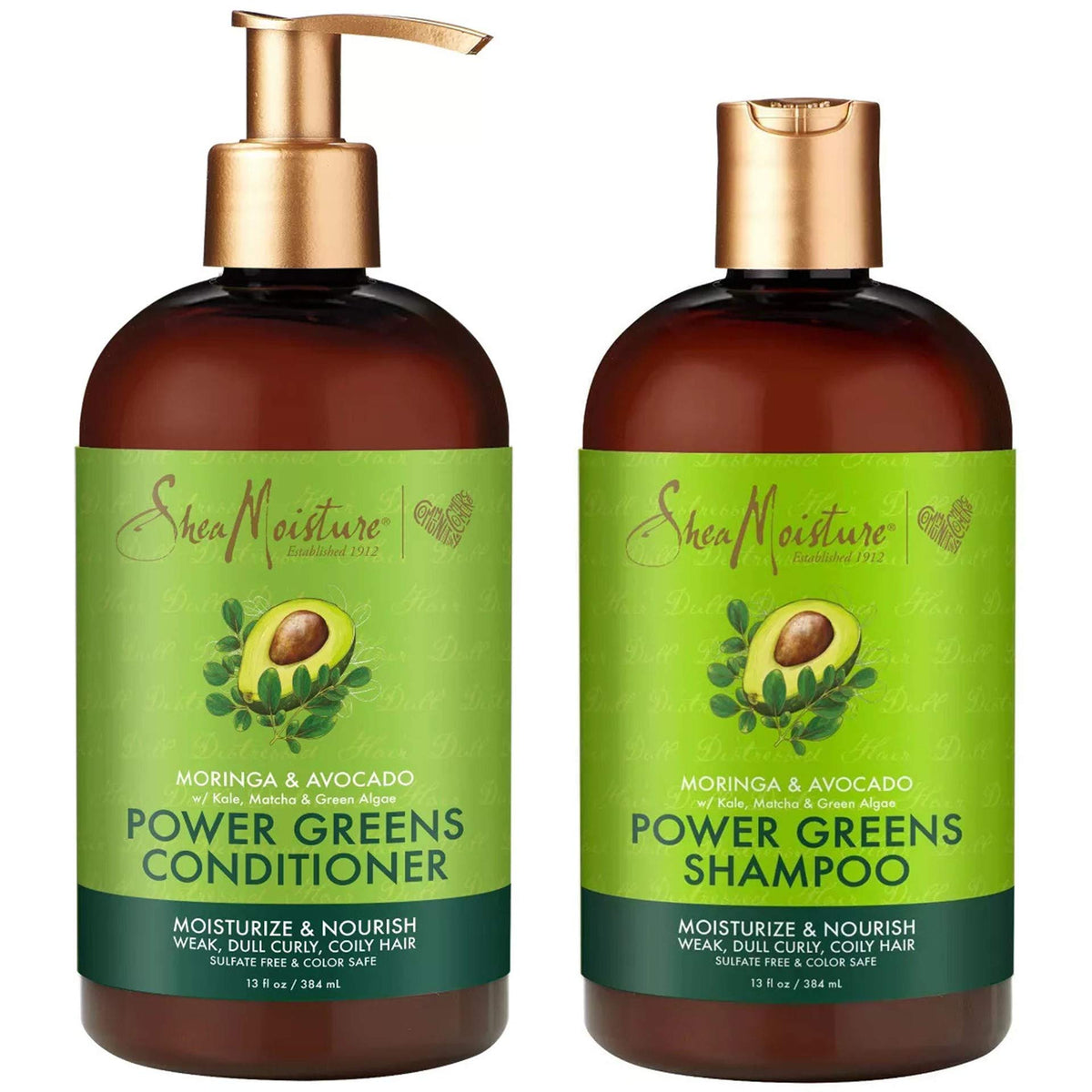 SheaMoisture Power Greens shampoo bottle emphasizes moisture for dry, natural curls.