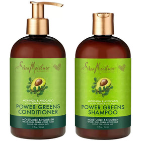 SheaMoisture Power Greens shampoo bottle emphasizes moisture for dry, natural curls.