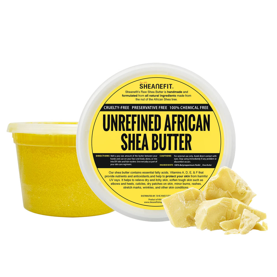 Sheanefit shea butter jar close-up for rich moisture and absorption
