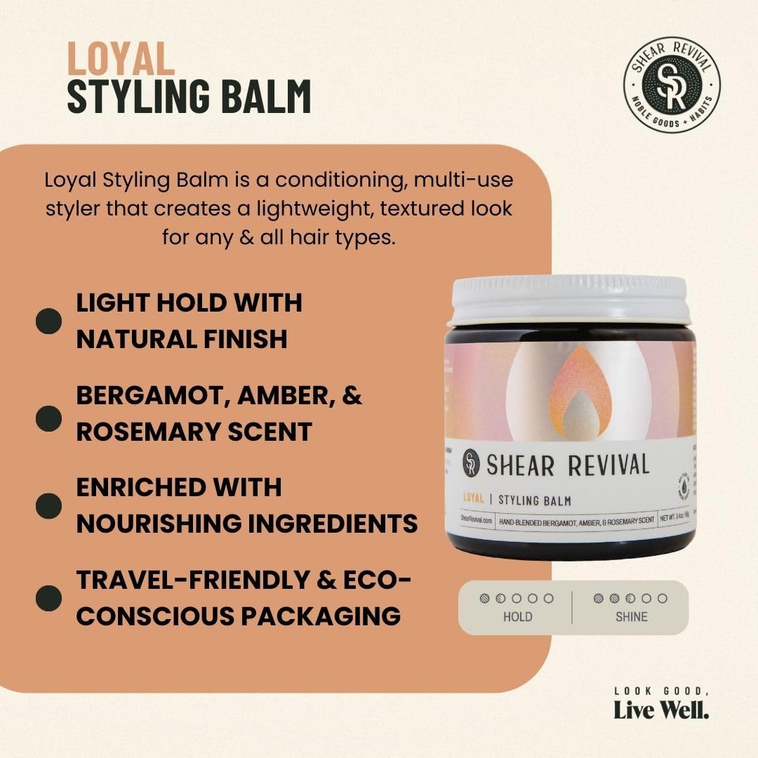 Loyal Styling Balm jar in hand demonstrates lightweight texture for natural finish.