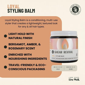 Loyal Styling Balm jar in hand demonstrates lightweight texture for natural finish.