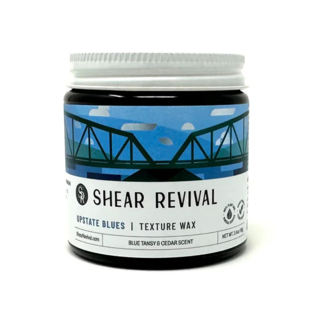 Shear Revival Upstate Blues Texture Wax jar front, vegan formula, clean packaging.