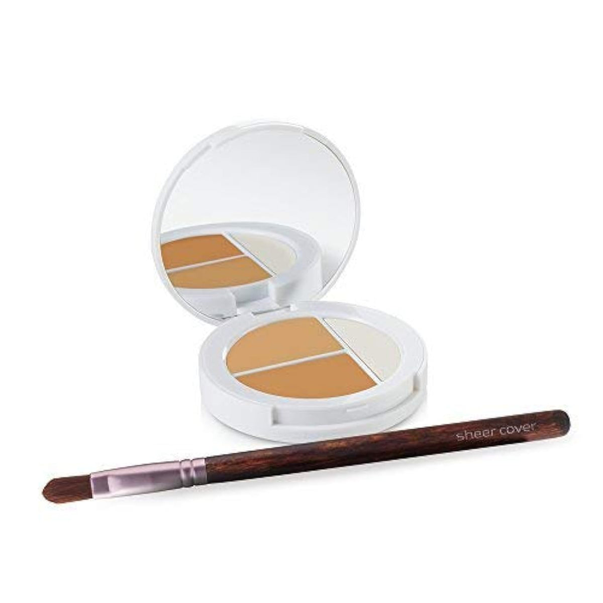 Sheer Cover Studio Conceal Brighten Trio compact for seamless blemish concealment.