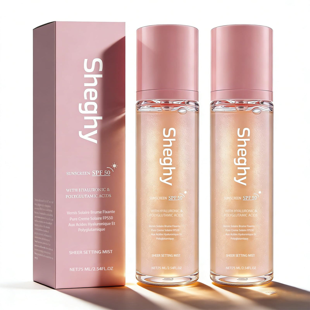 Sheghy Sunglaze sheer setting mist bottle with SPF 50 for a light glow