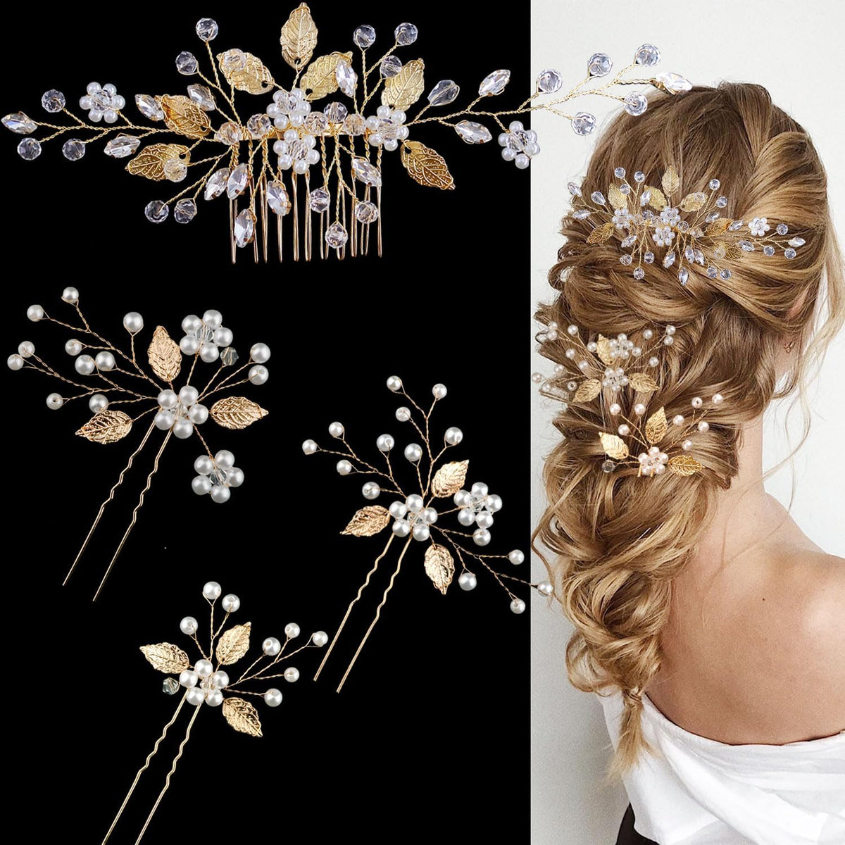 SHEHARUHI 4-piece gold leaf bridal hair pins for a sparkling wedding look