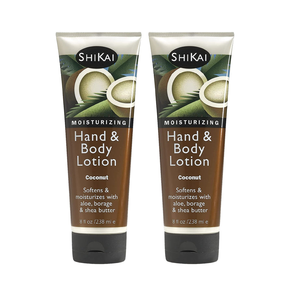 ShiKai Coconut Hand and Body Lotion bottle showing creamy texture for deep hydration