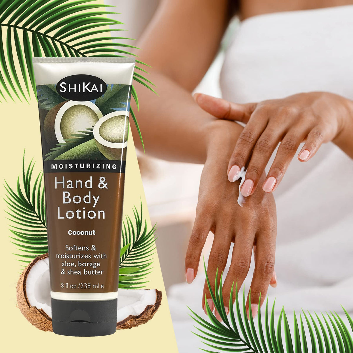 ShiKai Coconut Hand and Body Lotion pump bottle in a bathroom setting