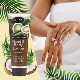ShiKai Coconut Hand and Body Lotion pump bottle in a bathroom setting