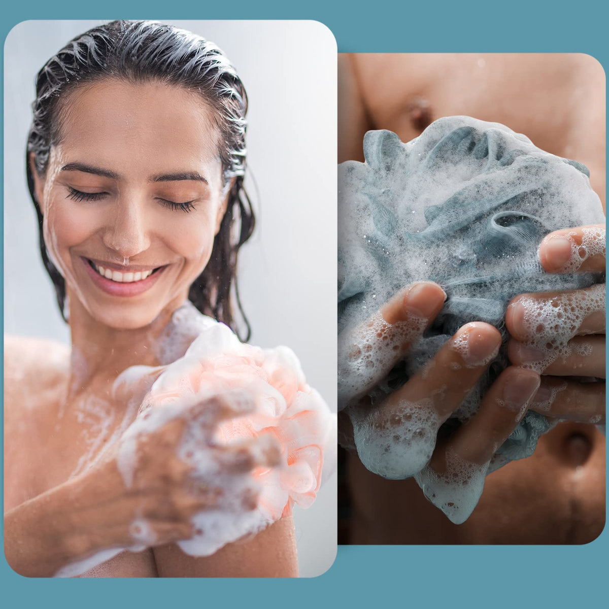 Shellwei soft-net loofah puff in white-pink provides gentle exfoliation.