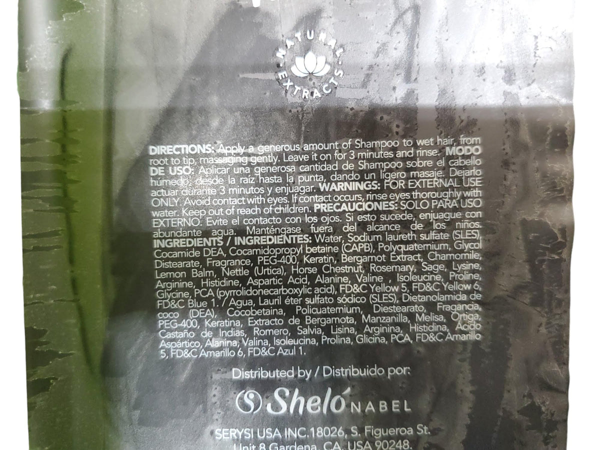 Sheló NABEL Bergamot Shampoo packaging close-up emphasizes recyclable materials